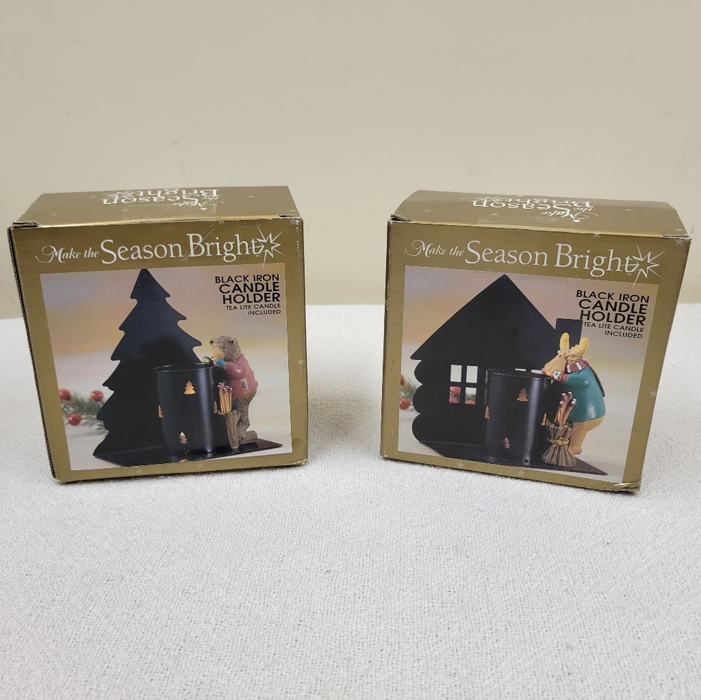 NWOT Make the Season Bright Collection Moose and Bear Black Iron Candle Holders